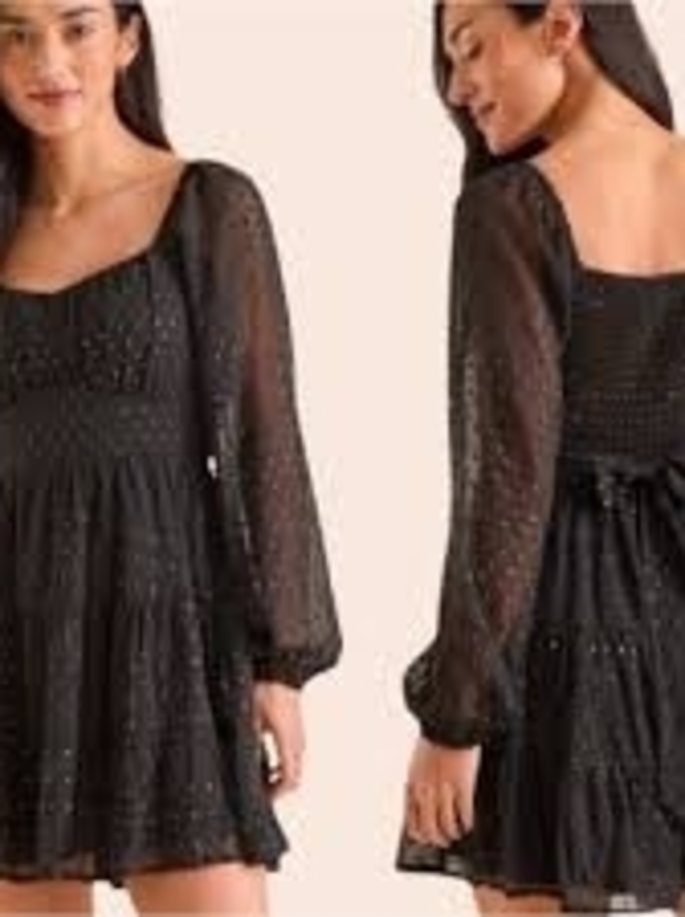 Altar'd State Black Long-Sleeve Smocked Mini Dress With Gold Dots